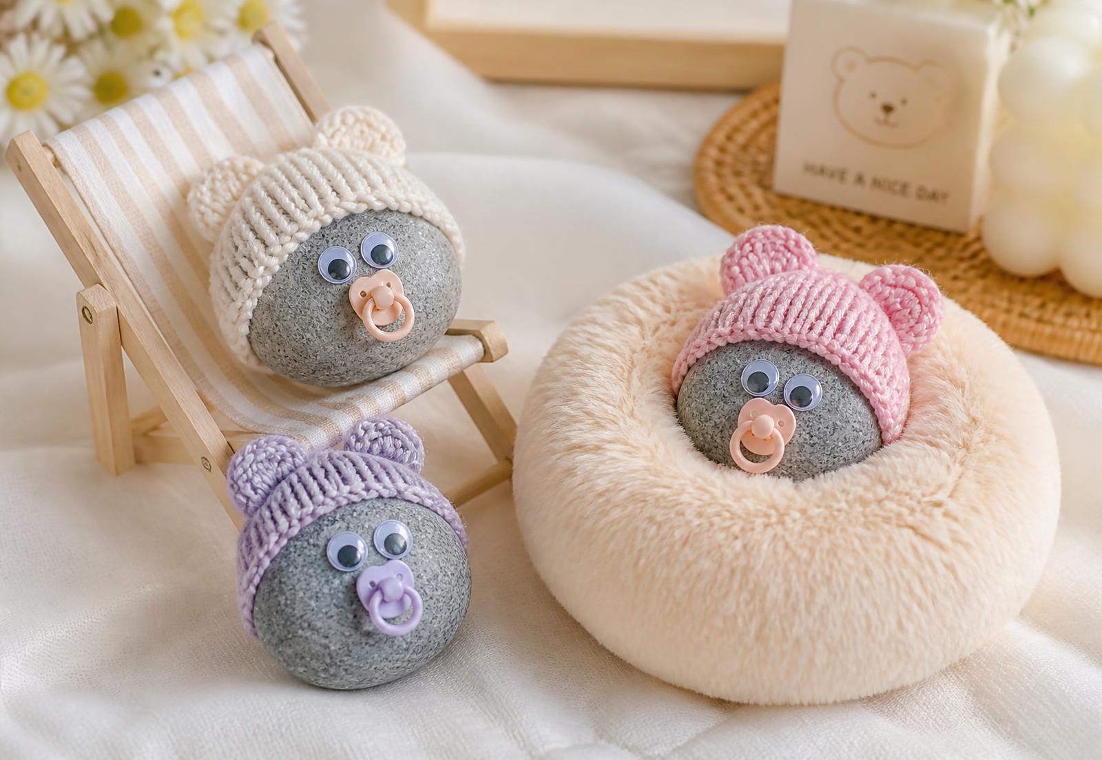 Decorated Shek Baby pet stones wearing knitted teddy hats